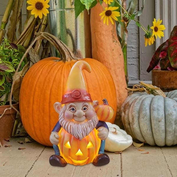 Halloween Græskar Gnom - Lysende Harpiks Gamle Mænd Figur - Græskar Efterårsstatue - Borddekoration Halloween Gnom