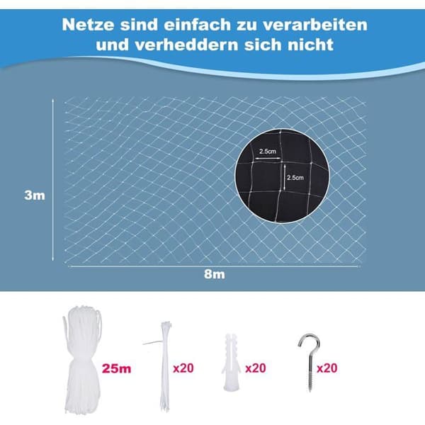Balkong kattsäkerhetsnät 3 x 8 m transparent, med fästrep, buntband och krokar