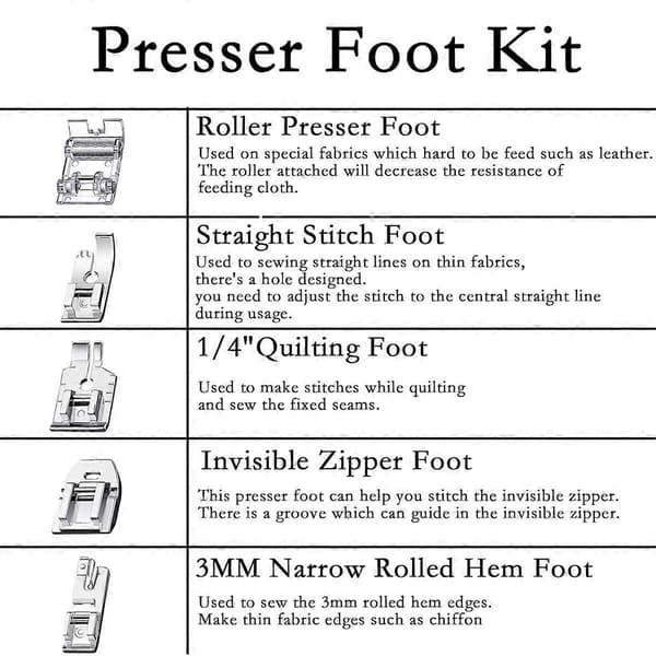 11 st Pressarfotsats för symaskin – Rullfot, linjalguidefot, fållfot, blixtlåsfot, quiltningsfot, knappfot