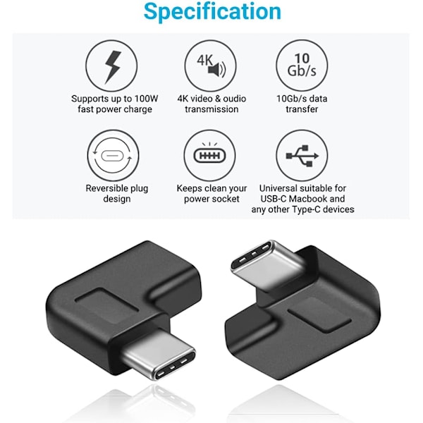 Retvinklet USB C-adapter, 90 graders USB C til USB Type-C han til