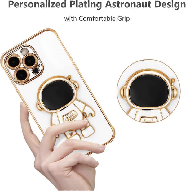Kompatibel med iPhone 14 Pro (6.1\") Deksel med søt astronautstativdesign Støtsikkert galvanisert telefondeksel for iPhone 14 Pro - Hvit