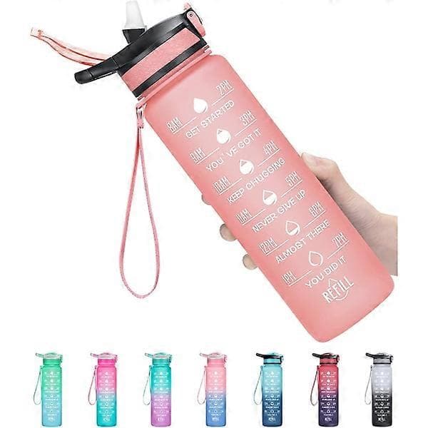 Vattenflaska med sugrör och handtag med spänne, rosa (1 liter)