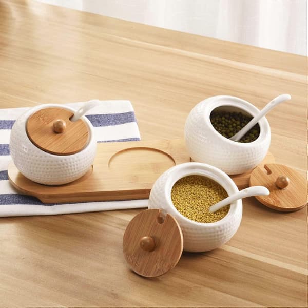 Porslins Kryddburk Set med Bambulock, Hållare och Serveringssked, 160 ML