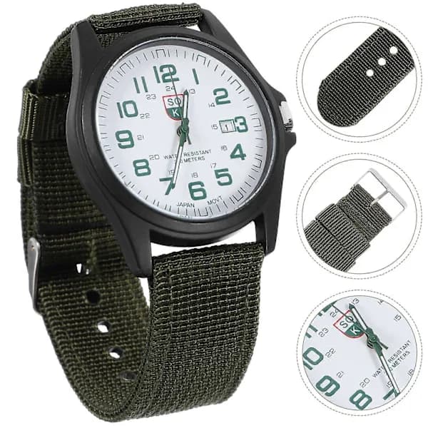 Herr Quartz Armbandsur Vävda Nylon Mode Sport Kalender (Armégrön)