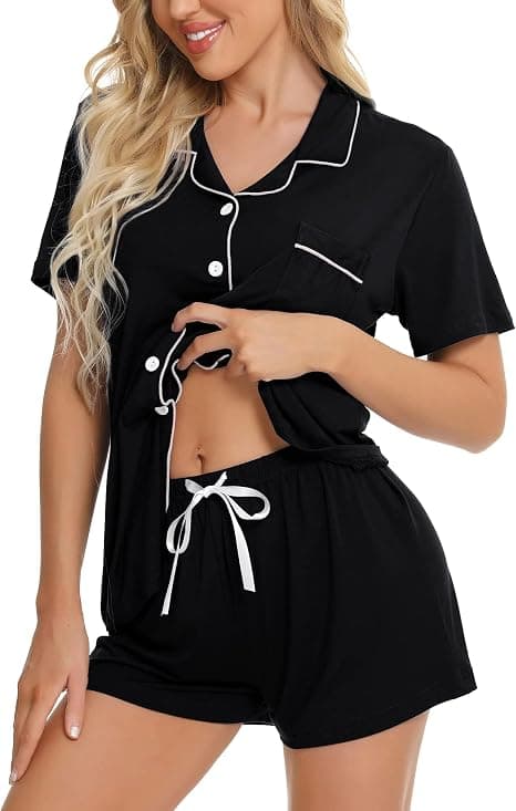 Pyjamasset för damer, kortärmad, sovkläder, damknäppning, nattkläder, PJ-set med fickor