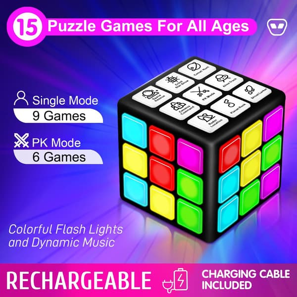 Rechargeable Game Cube - 15 Fun Brain and Memory Games with Score Display (Black)
