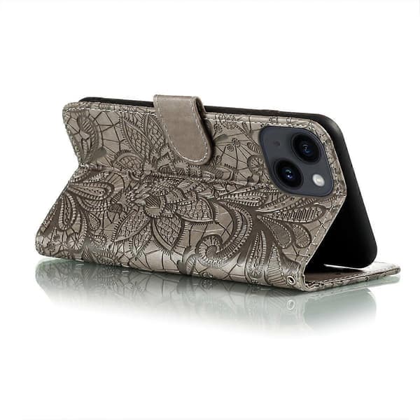 Blomsterpræget lædertelefoncover til iPhone 15
