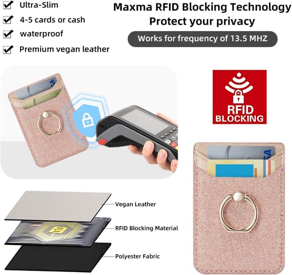 Bling-Rosa Kortfack för Mobiltelefon med Ring, RFID-skydd, Veganläder