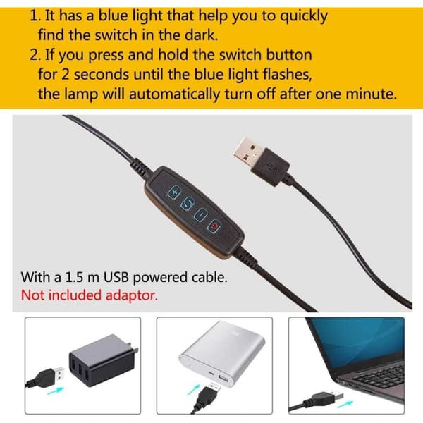 LED-skrivebordslampe med klemme, USB, 7 W, 3 lystilstande, 10 lysstyrkeniveauer, sort