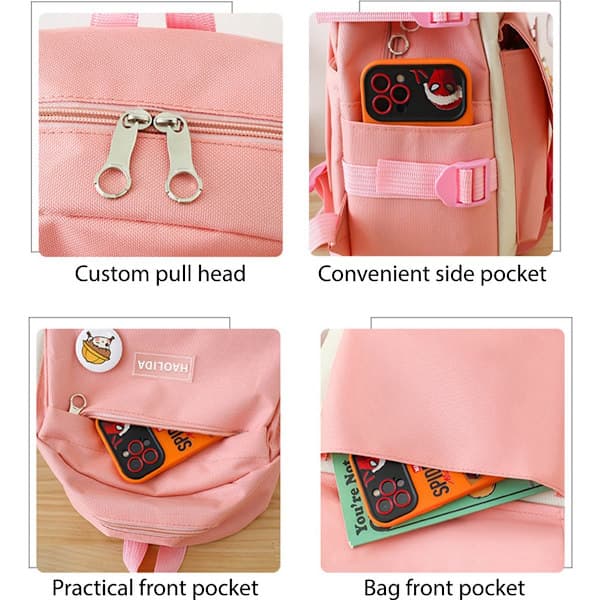 Four-piece Waterproof School Backpack Set - Includes Lunch Bag, Shoulder Bag, and Pencil Case - Pink