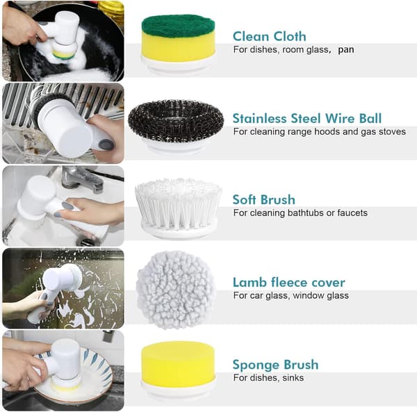 Electric Rotary Scrubber Cordless Handheld Cleaning Brush with 5 Replaceable Brush Heads for Bathroom Kitchen Tile White