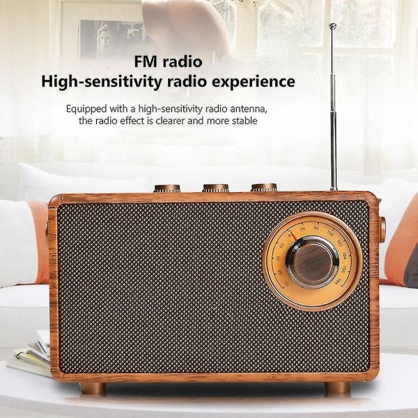 Retro FM-radio, bärbar Bluetooth-radio i trä, bashögtalare, handsfree MP3-spelare, stöder USB/TF-kort