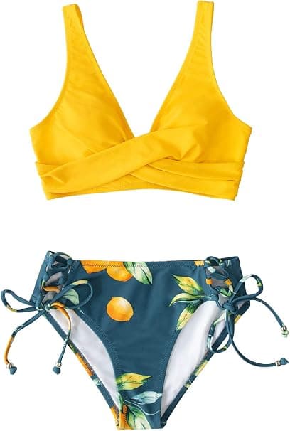 Kvinders rynkede twist bikini sæt blomsterprint snøre bikini sæt 2 dele badetøj, L