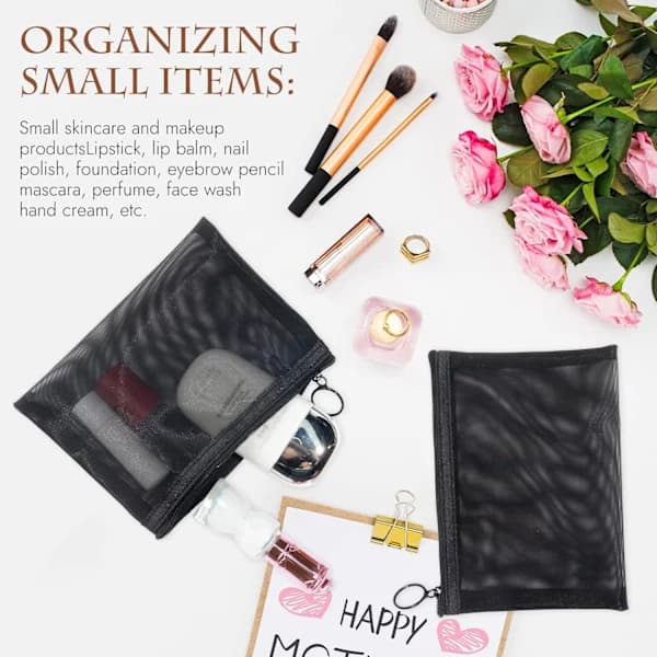 4 stk. Mini Lynlås Necessaire Organizer Mesh-pose, Sort Nylon Vandtæt Lille Håndtaske Kosmetik