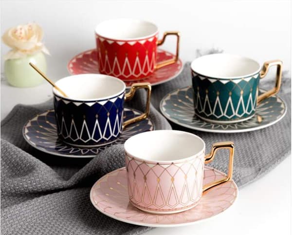 220 ml elegant keramiskt tekopp och fat set, kaffekopp för eftermiddagste - geometriskt mönster