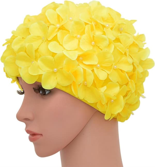 Gul retro badmössa för kvinnor med blommigt mönster i stretchig polyamid-lycra