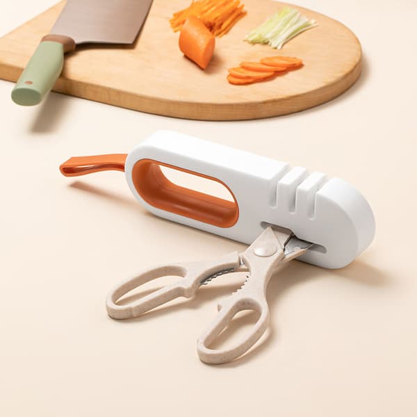 Kitchen Knife Sharpener, Handheld Scissor Sharpening Device, Quick Portable, Hanging Design, White Orange