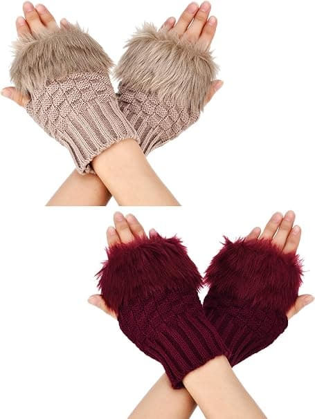 (Kamel + Bourgogne) 2 par fingerlösa vinterhandskar korta touch S