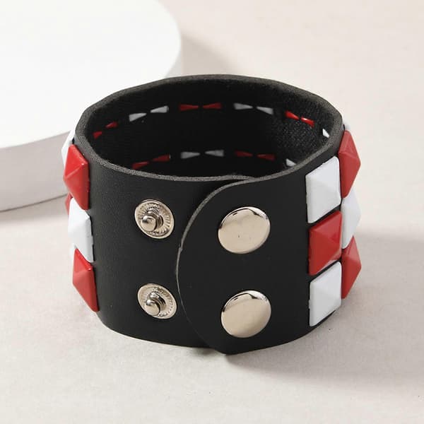 Three Row Square Stud Punk Style Leather Bracelet Adjustable Multicolor