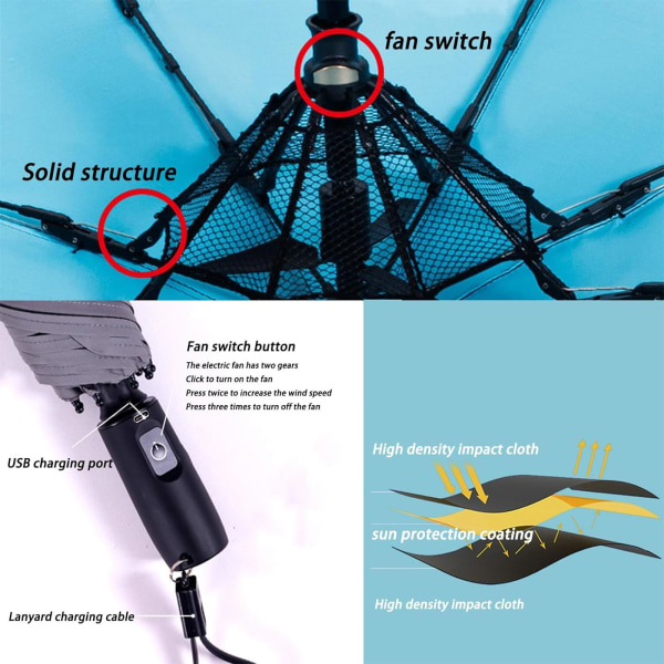 UV-skyddande paraply med fläkt, 3 i 1 paraply med fläkt och mister, solparaply, USB-laddningsbar, för sand, resor Black