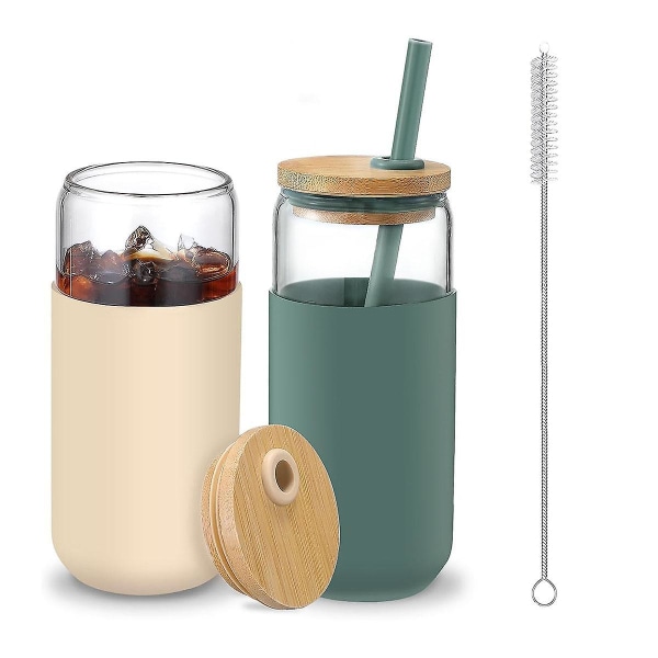 20 oz glaskoppar med bambulock och sugrör - ölburkformade dricksglas med silikonskydd