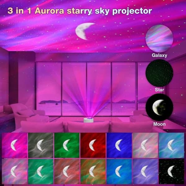 LED-stjernehimmelprojektor, 3-i-1 Aurora Galaxy-projektor med hvit støy, fjernkontroll, timer