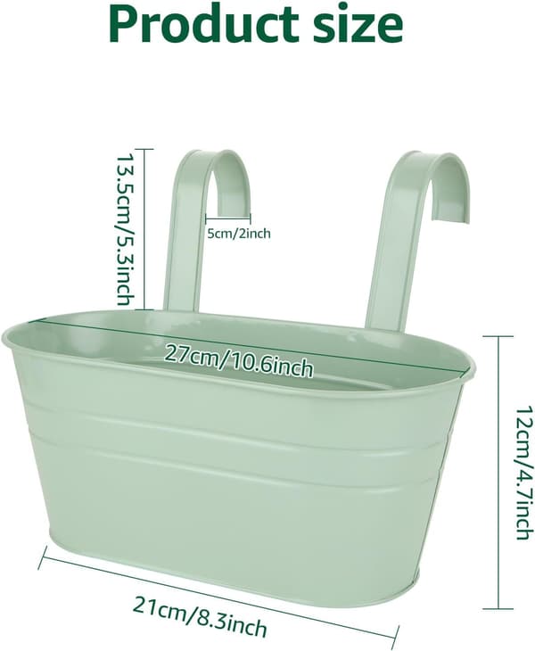 Metal Hanging Flower Pots, 4-Pack with Removable Hooks, Outdoor Balcony Planters Compatible with Various Railings