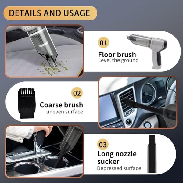 Portable USB Rechargeable Handheld Vacuum Cleaner - 9000Pa, 120W, 3-in-1 for Car, Table & Computer