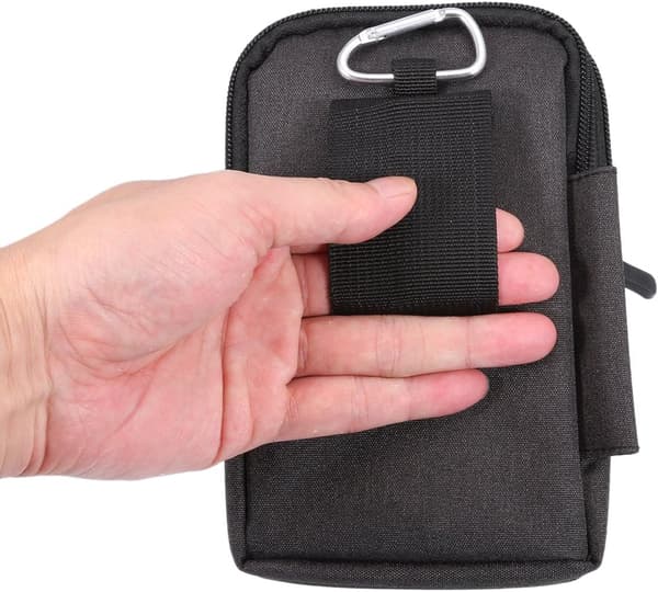 Sort bæltetaske til mænd med smartphone-etui, bælteclips og karabinhage
