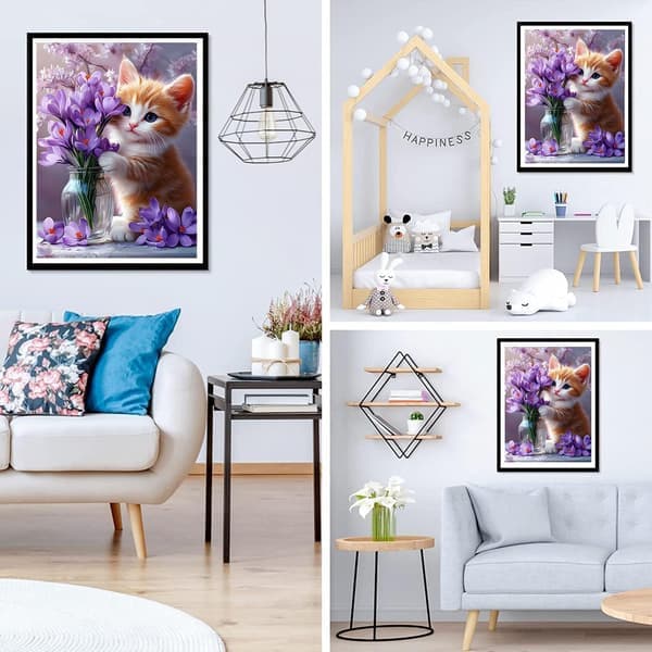 Katt Diamantmålningssats 5D Lila Blommor 35x45cm