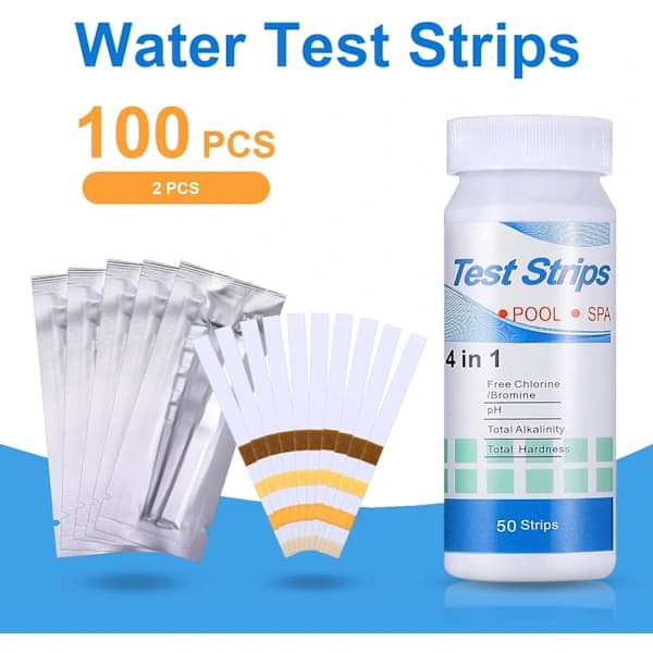 4-i-1 teststrimler til pool og spa, pH klor brom og alkalinitet vandtestning til boblebade, 100 stykker 2-pak