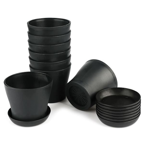 8 kpl 10 cm Kukkaruukkuja Rei'illä, Pieniä Kaktusruukkuja, Pyöreitä Muoviruukkuja, Kukkaruukku Aluslautasella Toimistoparvekkeelle, Värikäs black