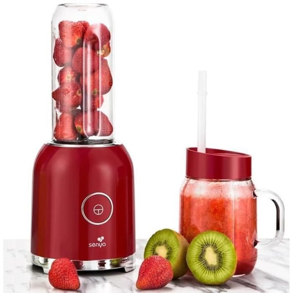 Blender smoothie bärbar 250W – 6 rostfria blad – Flaskor 500 ml + 600 ml – Säkerhetslås – Diskmaskin Röd