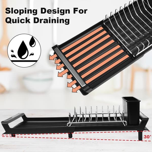 Stainless Steel Dish Drying Rack with Extendable Drainboard, Single Tier with Removable Cutlery Holder (Black)