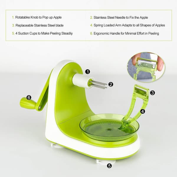 Manual Apple Peeler - Suction Cup Non-Slip Handle - Automatic Hand Crank Handle - 2 Replaceable Stainless Steel Blades with Protective Cover