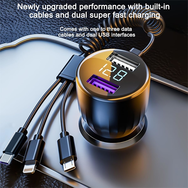 Uusi 2025 digitaalinen autolaturi, 1-3 USB-porttia kaapelilla, 100W supernopea lataus, yhteensopiva Android-, iPhone- ja Type-C-laitteiden kanssa (B)