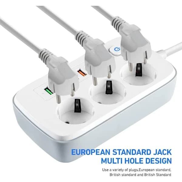 Power strip with 3 outlets, 5 USB ports & USB-C, 2 meter extension cable