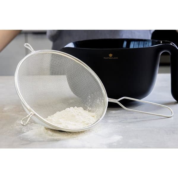 Stor sil med håndtak, fortinnet metall, for baking og matlaging, sølv