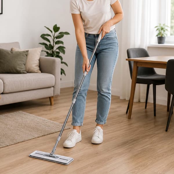 Flattmoppesett med bøtte med to kamre og mikrofiberputer