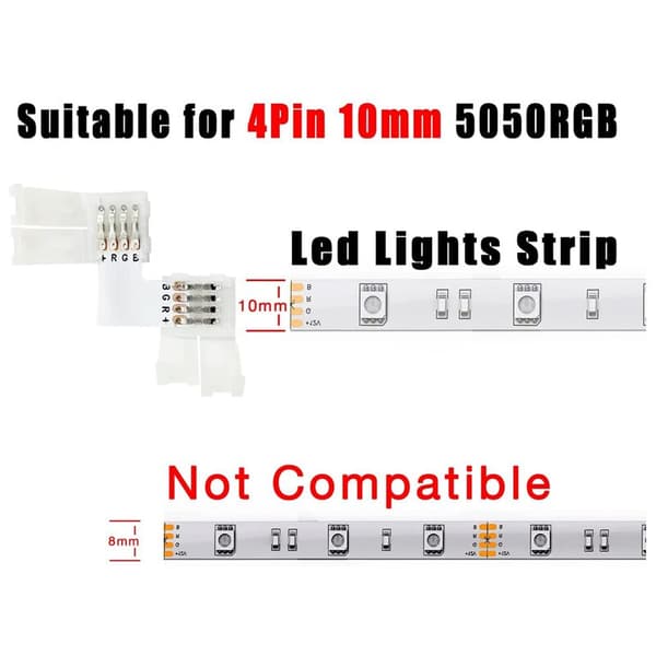 LED-stripforbindelsessæt til 5050 10 mm 4-benet, 4-benede L-formede LED-stik, loddefri LED-striptilbehør til gør-det-selv