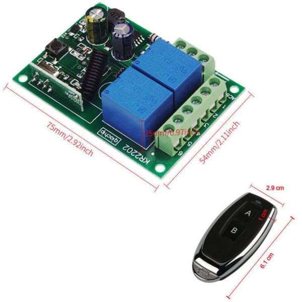 433 MHz Wireless Remote Control Switch, 2 Channels, 220V AC with Relay Receiver & 2 Remote Controls for Garage, Lights, Pumps