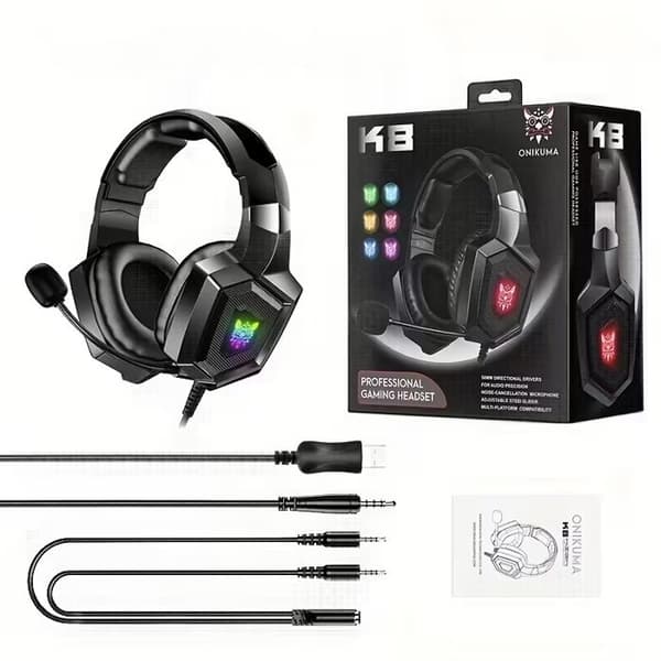PS4 Gaming Headset - 3,5 mm Over-Ear Stereo Headset med dyb bas - Justerbar støjreduktion - Farverig LED-belysning Sort Noir