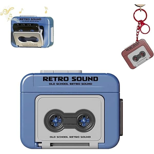 Mini Cassette Player Keychain, Retro Cassette Player Keychain, Recording Function, Blue