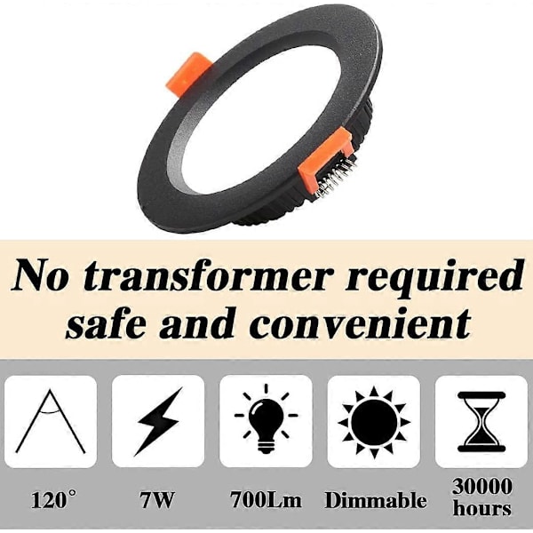 7W LED Downlight dimbar svart 230V 5 st, 700LM 70W, IP44, Kallvit 6000K, Utskärning 80-90mm, [Energiklass A]