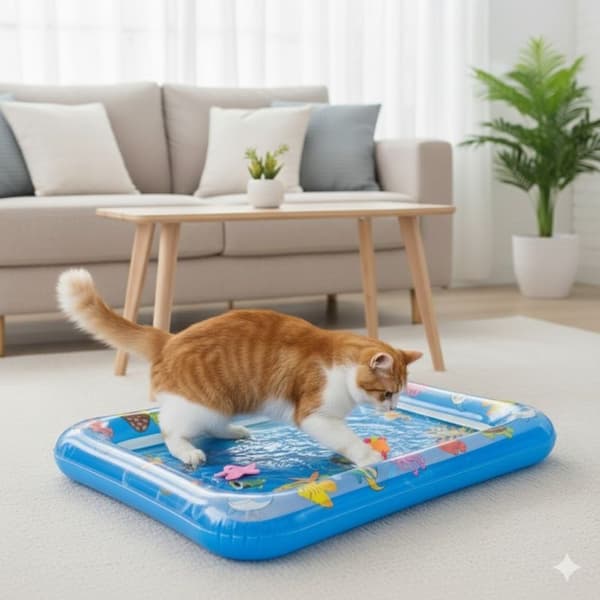 Anti-skrid katte-legetæppe med vandsensor, forfriskende pool til sommeren, sensorisk til katte, firkantet