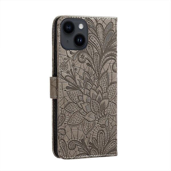 Blomsterpræget lædertelefoncover til iPhone 15