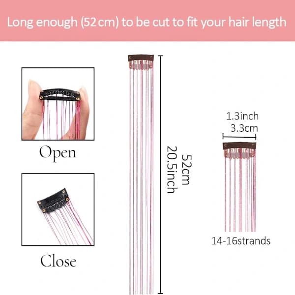 Glitter Hårförlängningar 12-pack 52 cm Svart Klämmor PET-garn