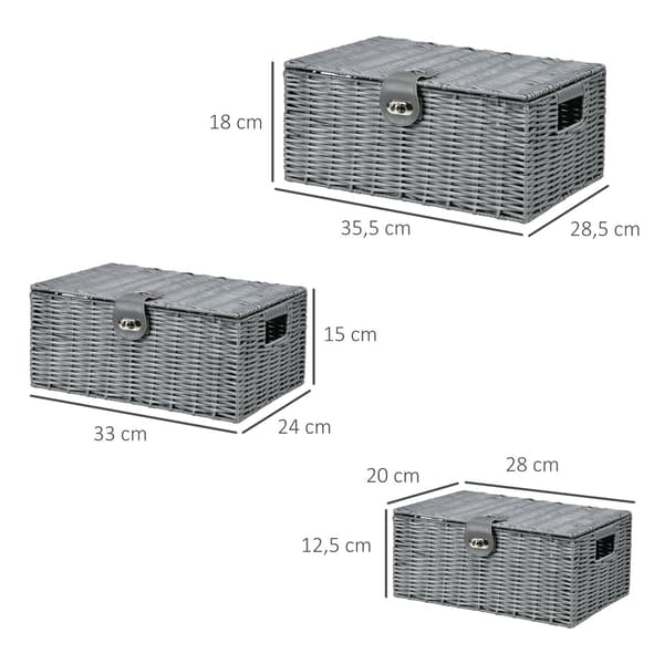 Opbevaringskasser Sæt med 3 stk. med låg og spænder, 18L/12L/7L, til stuen, grå