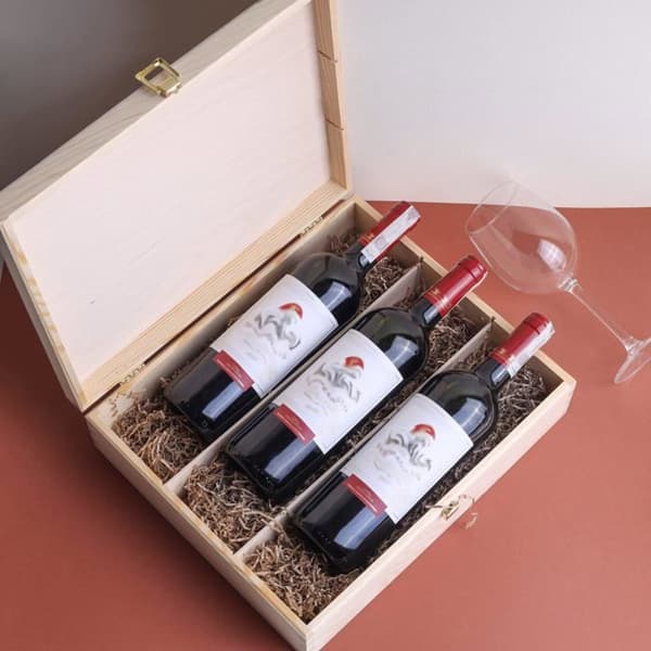 Presentförpackning - Creative Deco - Trälåda för vin - 3 flaskor - 35 x 30 x 10 cm - Obehandlad Trä