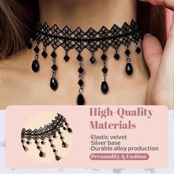 Gotiskt Chokerhalsband Svart Sammet Med Spets Justerbar